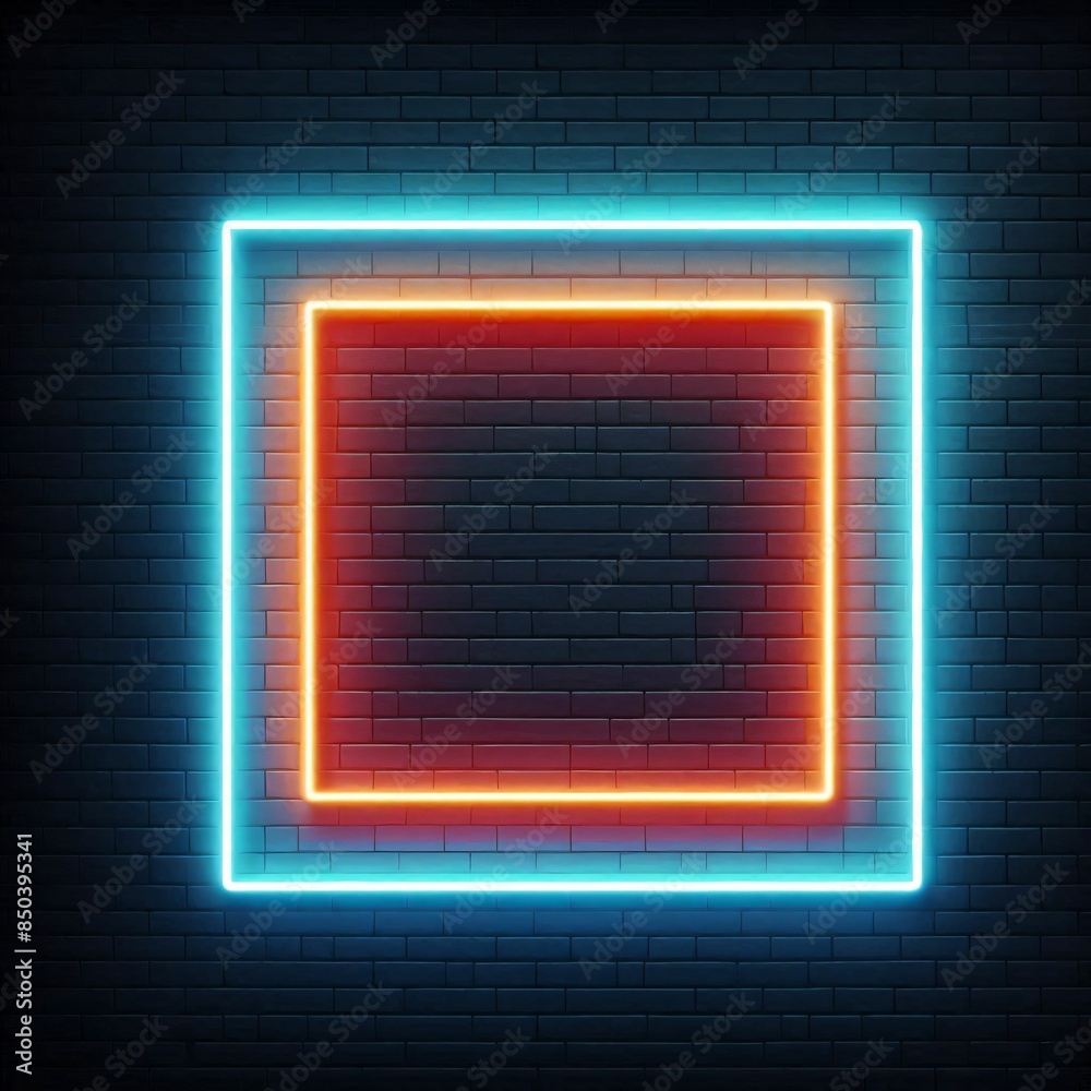 Fototapeta premium neon square frame on dark brick wall background 