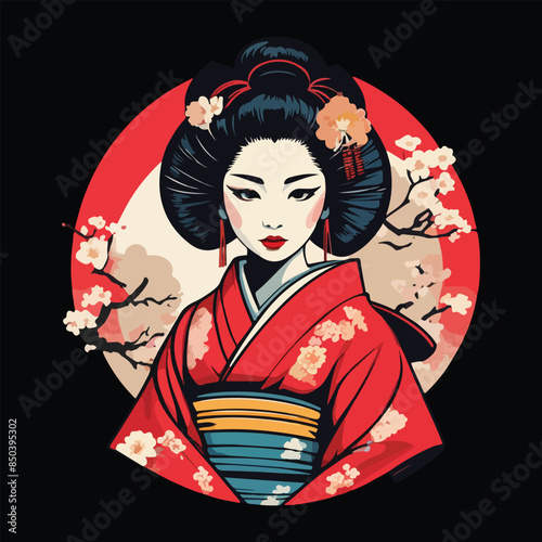 japanese geisha and japanese fan vector