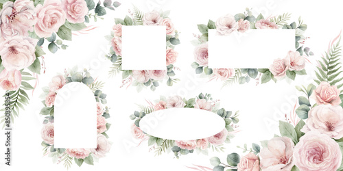 Wallpaper Mural Light pink roses flowers and eucalyptus leaves. Watercolor floral wreath, frame, border, bouquet. Arrangement for wedding invitations, greetings, wallpapers, decoration. Hand painted illustration. Torontodigital.ca