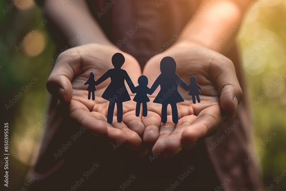 Close-up of two hands holding paper cutouts of a family, symbolizing adoption and finding a loving home Close-up of two hands holding paper cutouts of a family, symbolizing adoption and finding a loving home
