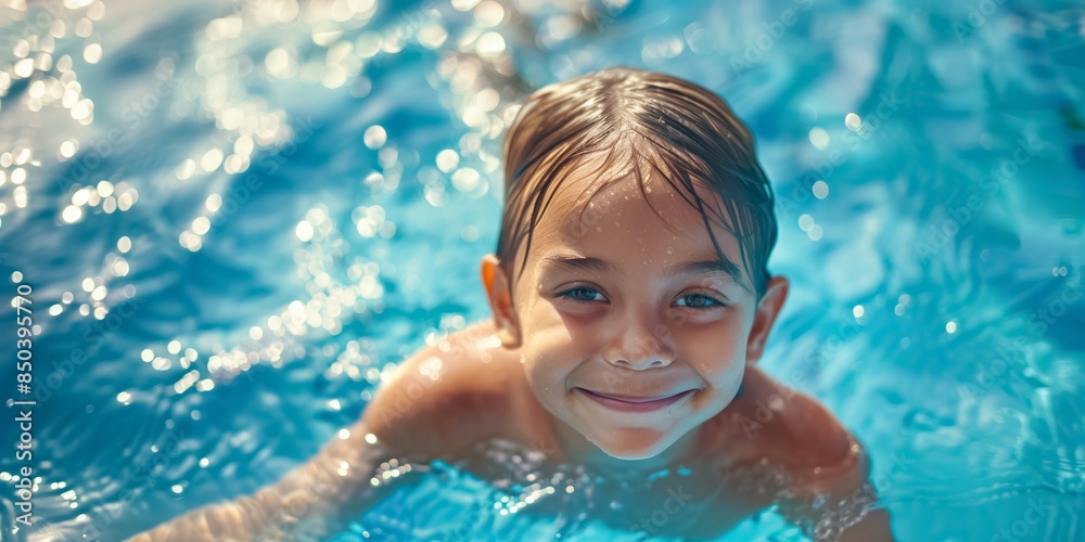The scene captures a child joyfully swimming in a sparkling pool under the sunny sky, radiating happiness and energy on a bright day, filled with fun and joy The scene captures a child joyfully swimming in a sparkling pool under the sunny sky, radiating happiness and energy on a bright day, filled with fun and joy
