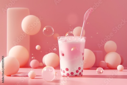 Pink bubble tea in a clear glass surrounded by pastel spheres, creating a whimsical and playful composition with soft lighting. © MP-AI