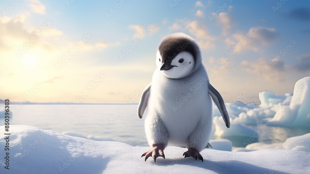 Obraz premium Adorable Penguin Chick in Arctic Landscape with Iceberg and Snow | Wildlife Photography
