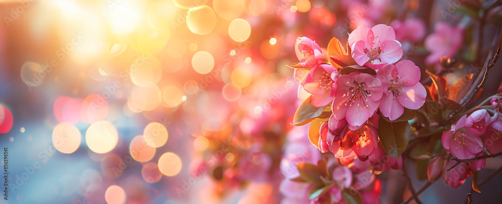 Beautiful spring background with blooming crabapple flowers in the city, sunset light Beautiful spring background with blooming crabapple flowers in the city, sunset light