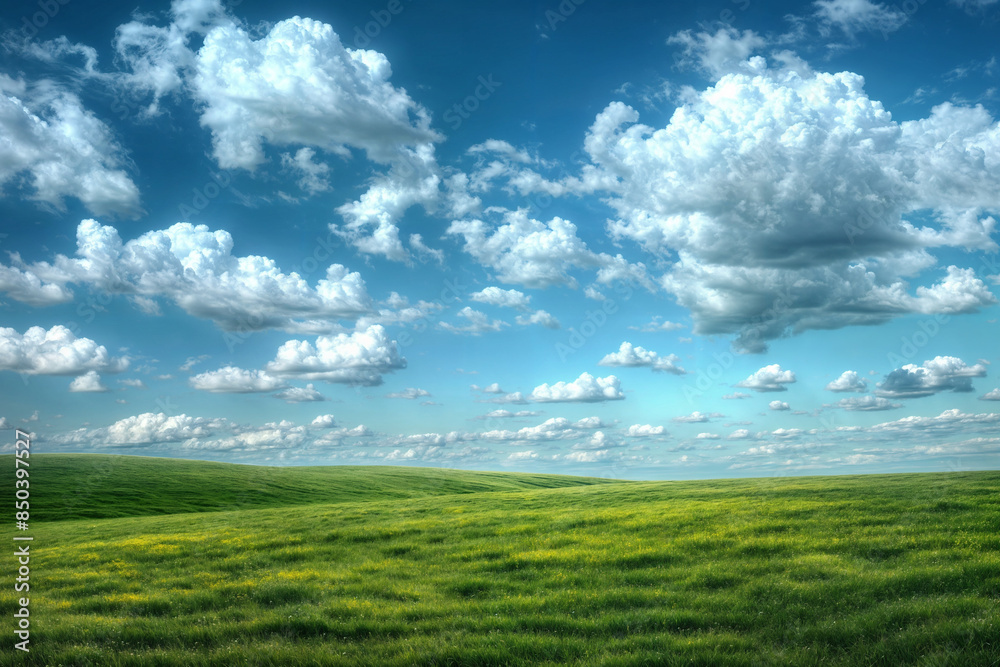 Picturesque Pastoral Landscape with Lush Green Meadows and Fluffy White Clouds in Serene Countryside Picturesque Pastoral Landscape with Lush Green Meadows and Fluffy White Clouds in Serene Countryside