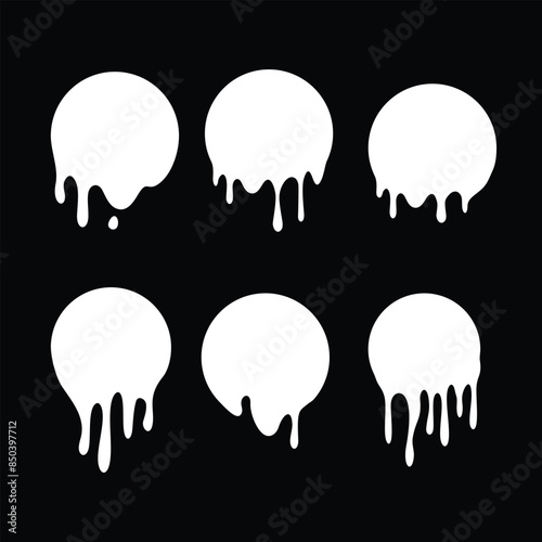 Melted circle white label. Dripping paint design set. Liquid vector signs Paint