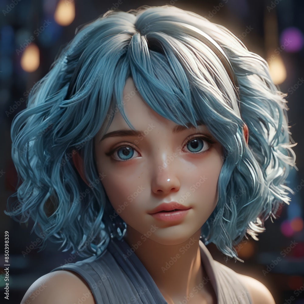 Fototapeta premium a girl with blue hair and a white shirt with the word i'm a on it