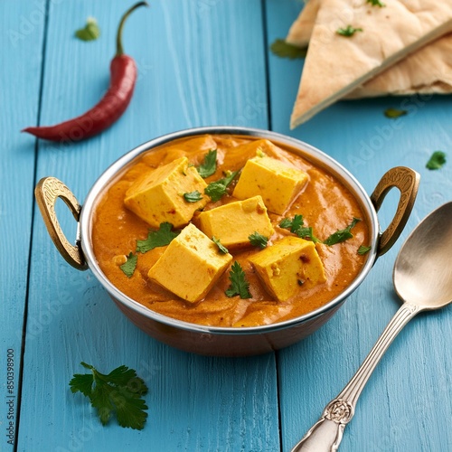 Indian traditional cuisine food shahi paneer on blue wooden background photo