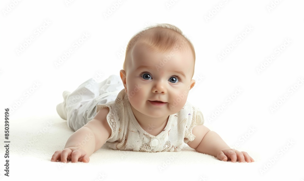 portrait of happy baby girl crawling on white background portrait of happy baby girl crawling on white background