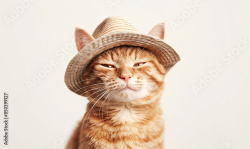 Sophisticated Kitty Presents Fashionable Hat on White Background photo