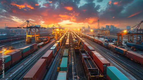 Cargo Train Being Loaded with Shipping Containers at Sunset © swissa