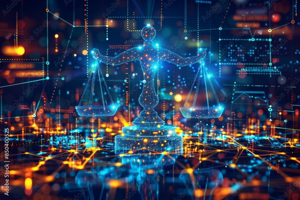 Fototapeta premium Digital Scales of Justice on a Circuit Board Background
