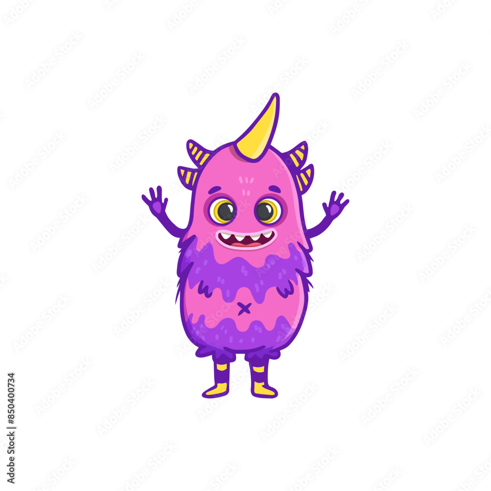 Fototapeta premium Cute cartoon purple monster on white background. Monster Icon. Happy Alien. Doodle Funny monster with pink color. Vector illustration 