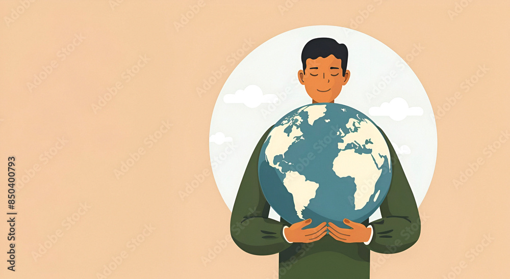 An illustration of a man holding the Earth with a peaceful expression, symbolizing environmental responsibility and global care An illustration of a man holding the Earth with a peaceful expression, symbolizing environmental responsibility and global care