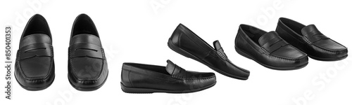 Set men's pair of black moccasins on isolated white background close-up