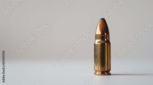 Single 9mm bullet on a blank white surface photo