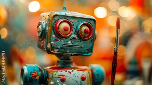 Robot holding a paintbrush, Artificial Intelligence, tech and creativity concept.