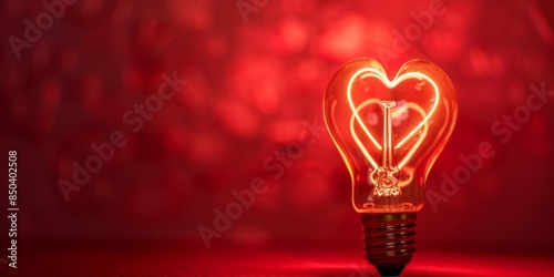 Double Heart Light Bulbs on Red Background. This festive and romantic image features two heart-shaped filament light bulbs glowing brightly against a vibrant red background. It's perfect for Valentine