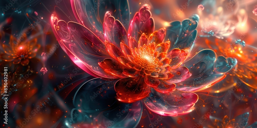 Obraz premium Abstract fractal flower with intricate, luminous petals in shades of red, pink, and orange, against a dark, blurred background.