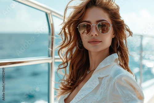A stylish woman with wavy chestnut hair and sunglasses stands confidently on a luxurious yacht. © Natalia