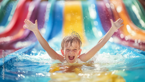 A child joyfully slides down a vibrant water slide, arms up in excitement, embracing the thrill of carefree outdoor fun on a bright, dynamic day at the waterpark