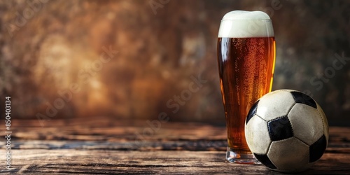 A glass of beer and a soccer ball on a brown background copy space. Football cancept photo