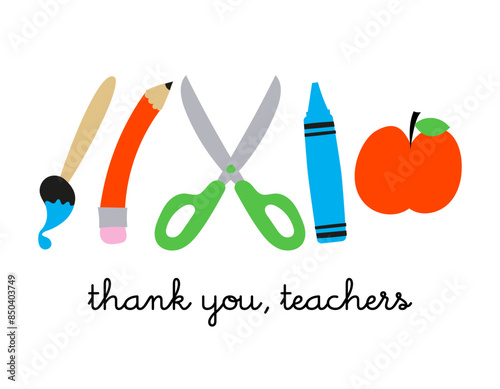 Thank you teachers - black typography design. Gift card for Teacher's Day. Vector illustration on white background with apple and pencil. Back to School.
