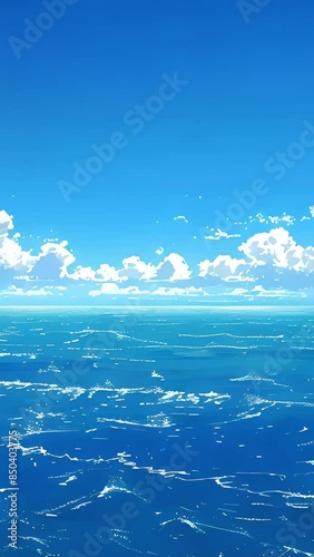 Tranquil anime seascape with deep blue ocean meeting clear sky, white waves adding movement. Aesthetic aerial view concept.