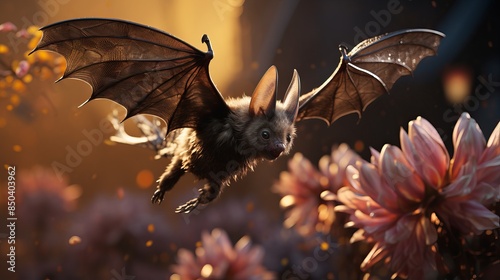 Rare Kitti’s Hog-nosed Bat in Flight Among Cherry Blossoms - Wildlife Photography of Endangered Nocturnal Pollinator photo