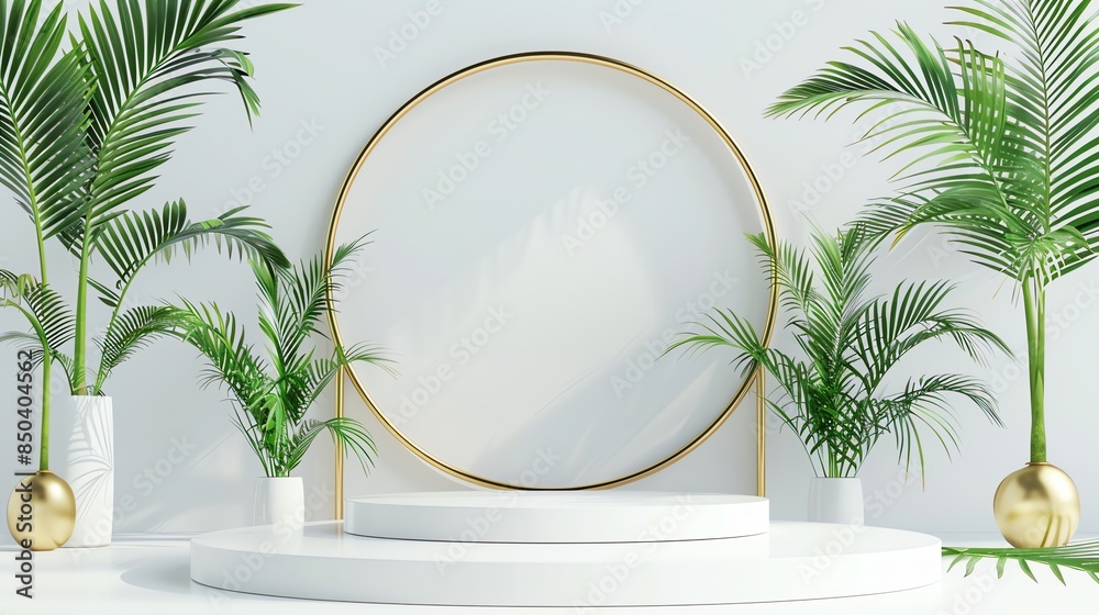 Beautiful white product podium with green tropical palm leaves Beautiful white product podium with green tropical palm leaves