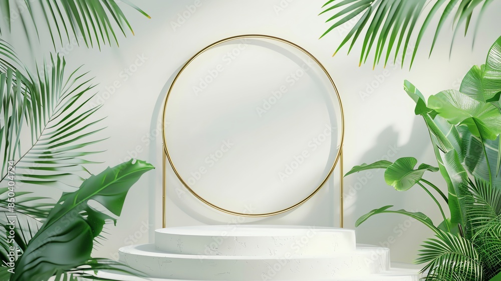 Modern white podium with golden round arch and palm leaves Modern white podium with golden round arch and palm leaves