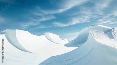 Obraz na płótnie A snowboarding halfpipe with pristine snow and sculpted walls set against a brilliant blue sky. w salonie