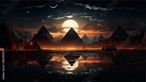 Egyptian pyramids in modern style. Night in Egypt in the sun, sunset in Egypt. Beautiful pyramids in the desert. Beautiful sunset or sunrise photo picture. Egyptian night.