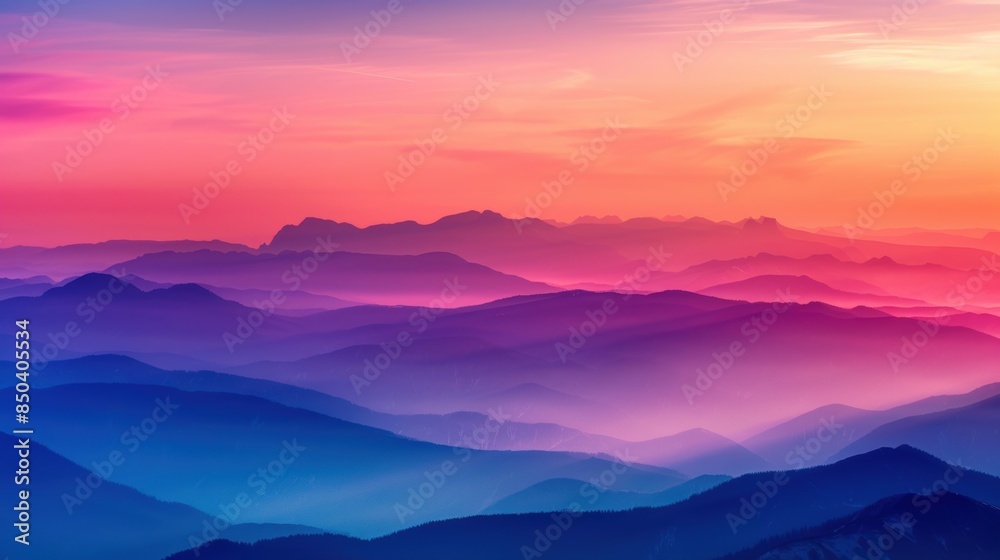 Fototapeta premium Layers of mountain ranges in gradient shades of blue and purple during a vibrant sunset, creating a serene and majestic landscape.