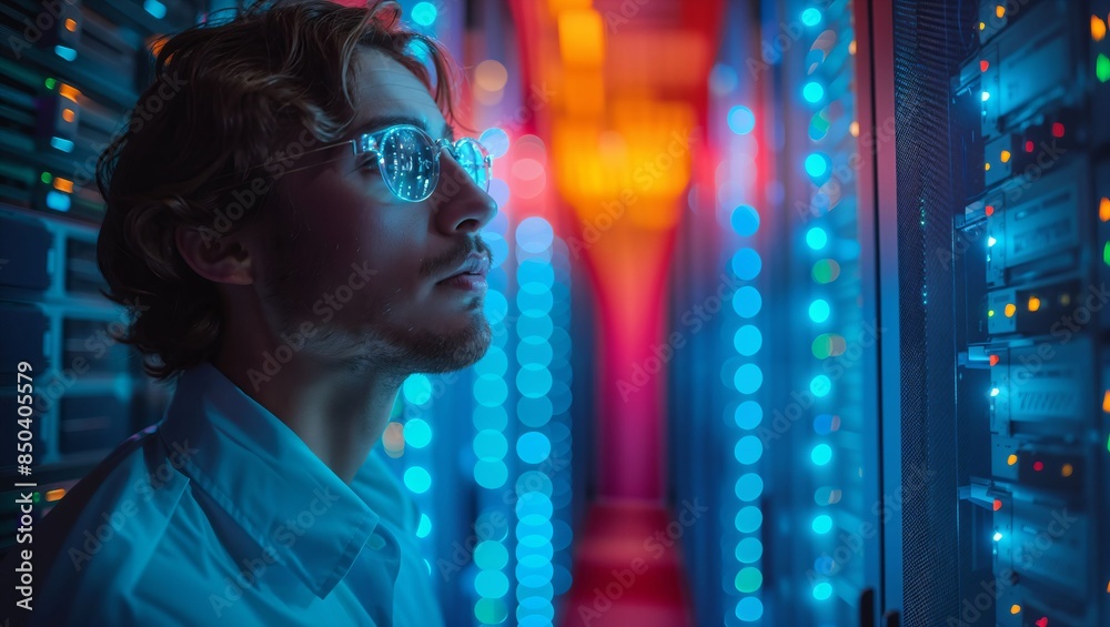 Network engineer working in a server room, blue LED lights, realistic photo, detailed equipment Network engineer working in a server room, blue LED lights, realistic photo, detailed equipment