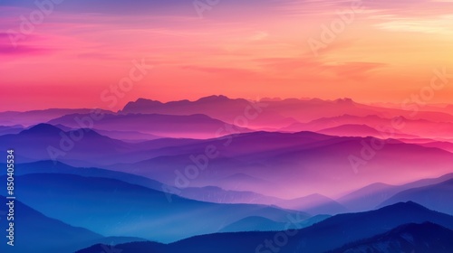 Layers of mountain ranges in gradient shades of blue and purple during a vibrant sunset, creating a serene and majestic landscape.