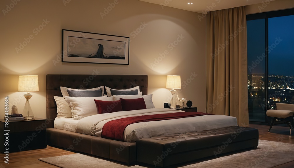 Interior of bedroom with knitted plaid on bed and glowing lamps at night Interior of bedroom with knitted plaid on bed and glowing lamps at night