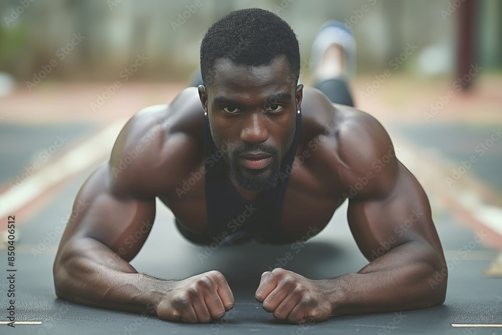A handsome, muscular athlete performs a plank exercise outdoors, showcasing strength, fitness, and determination. A handsome, muscular athlete performs a plank exercise outdoors, showcasing strength, fitness, and determination.