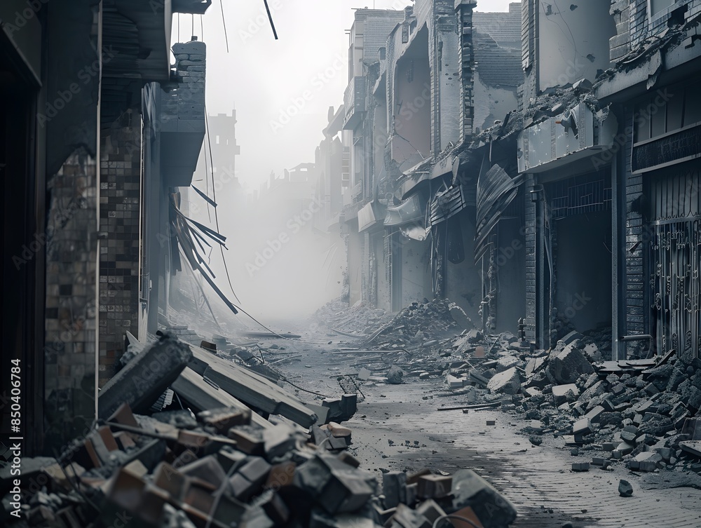 A street with rubble and debris, and a foggy sky A street with rubble and debris, and a foggy sky