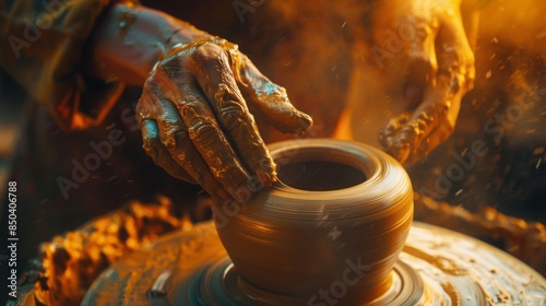 Potter shaping clay on a pottery wheel in warm light, detailed hands showing artistic skill and traditional craftsmanship photo