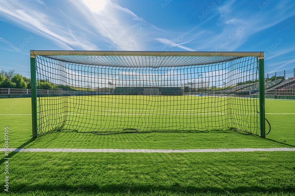 Fototapeta premium View from behind a soccer goal post on a sunny, green field, with clear blue skies and empty stadium seating.