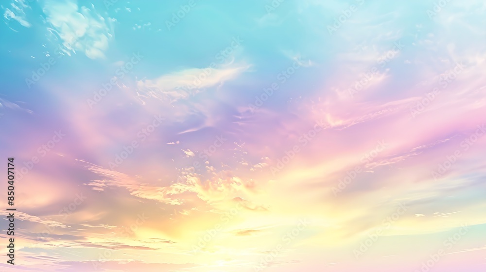 Obraz premium Pastel colors of Majestic real sky with sun Panoramic Sunrise Sundown Sanset Sky with colorful clouds Without any birds Natural Cloudscape Large panorama : Generative AI