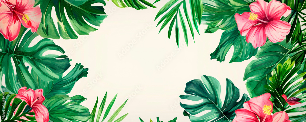 White background with vibrant pink flowers and lush green leaves scattered across the frame. The delicate petals of the flowers contrast beautifully against the deep green. Banner. Copy space