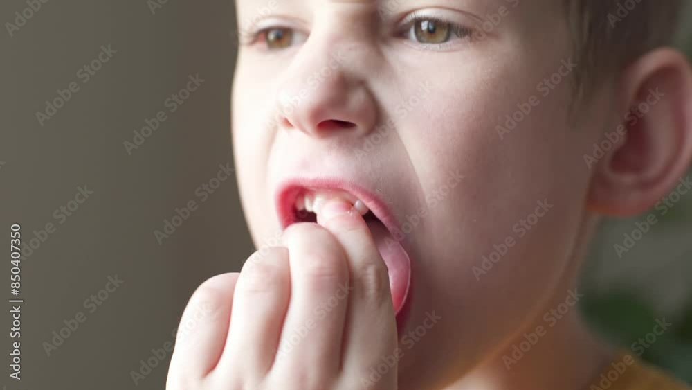 The child boy is shaking the front incisor tooth with his fingers. Loss of baby teeth The child boy is shaking the front incisor tooth with his fingers. Loss of baby teeth