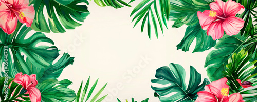 White background with vibrant pink flowers and lush green leaves scattered across the frame. The delicate petals of the flowers contrast beautifully against the deep green. Banner. Copy space