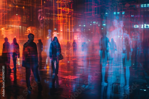 Silhouettes of people walking through a vibrant, futuristic cityscape illuminated by bright neon lights and digital displays.