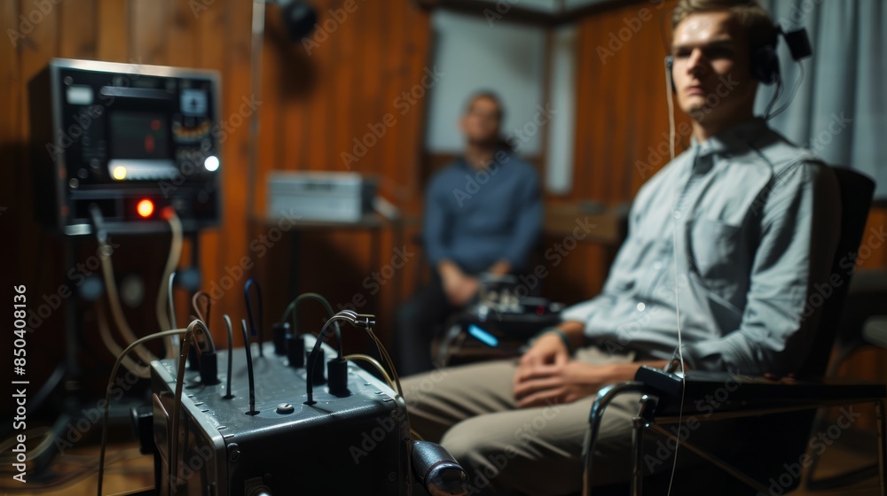 In the foreground is an old polygraph machine and in the background is a young man sitting in a chair In the foreground is an old polygraph machine and in the background is a young man sitting in a chair