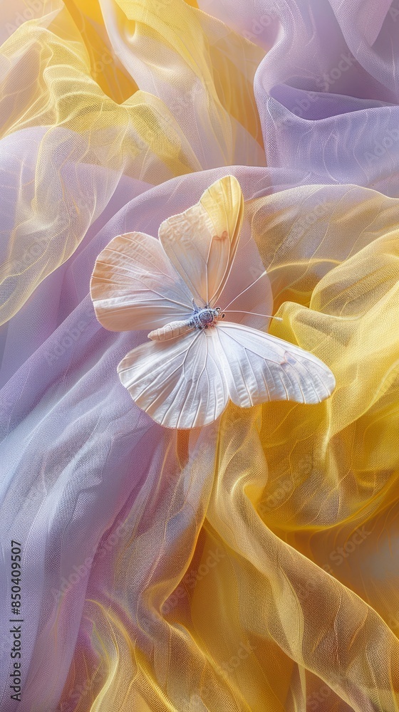 Obraz premium Beautiful Background of White Butterfly on Purple and Yellow Fabric