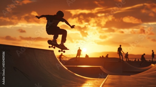 Skateboarder performing a trick at sunset in a skatepark with vibrant orange sky.