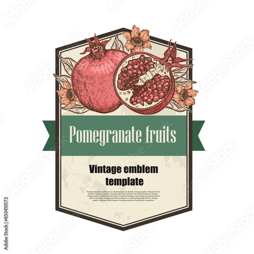 Vintage emblem template. Pomegranate fruits and flowers. photo